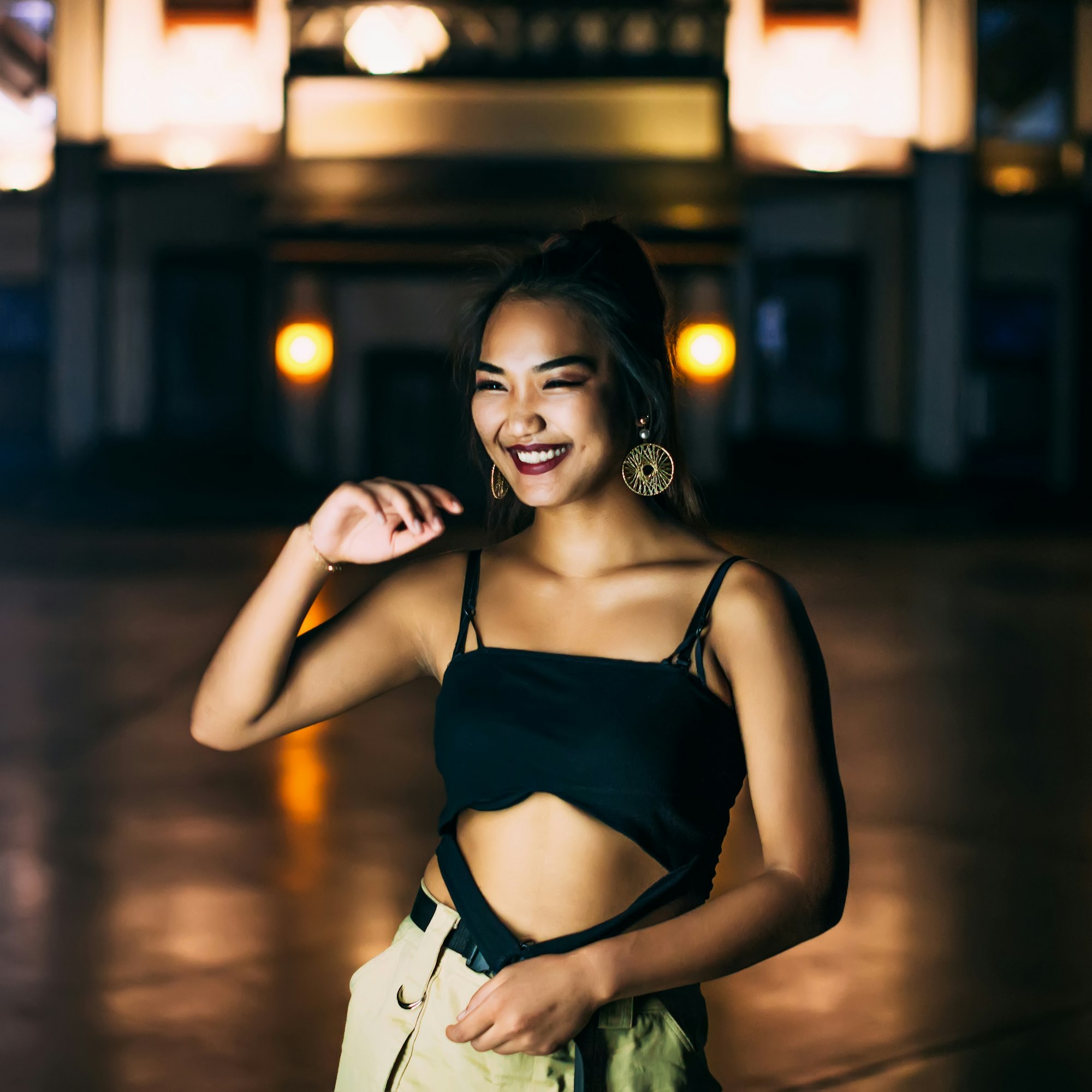 Young smiling chinese happy woman night portrait